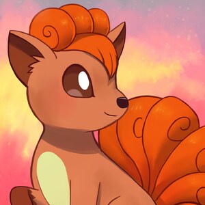 May include: A cartoon illustration of a brown and orange Vulpix Pokemon with a curled tail. The Pokemon is sitting on a purple and green background.