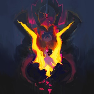 May include: A digital painting of a person with yellow wings emerging from a dark, shadowy figure. The person is surrounded by a bright yellow glow, while the figure is shrouded in darkness. The background is a deep blue.