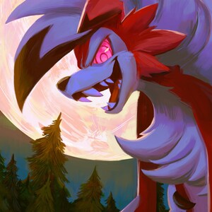 May include: A digital painting of a red and purple wolf-like creature with glowing red eyes, snarling with bared teeth. The creature is set against a background of a full moon and a dark forest.