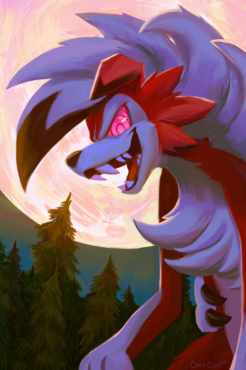 May include: A digital painting of a red and purple wolf-like creature with glowing red eyes, snarling with bared teeth. The creature is set against a background of a full moon and a dark forest.