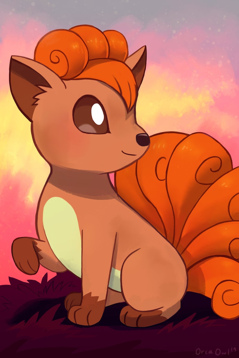 May include: A cartoon illustration of a brown and orange Vulpix Pokemon with a curled tail. The Pokemon is sitting on a purple and green background.