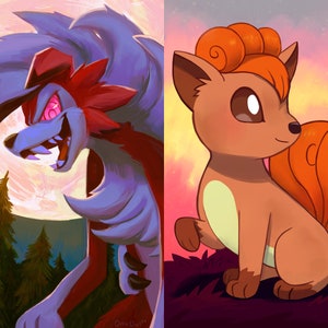 May include: A digital illustration of two Pokemon, a red and blue werewolf-like creature with glowing red eyes and a brown and orange fox-like creature with a large, curled tail.