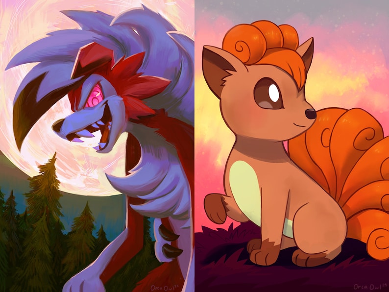 May include: A digital illustration of two Pokemon, a red and blue werewolf-like creature with glowing red eyes and a brown and orange fox-like creature with a large, curled tail.