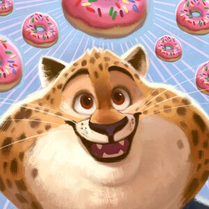 Puede incluir: Un guepardo de dibujos animados con una barriga grande y redonda sonr&iacute;e a la c&aacute;mara. El guepardo est&aacute; rodeado de donuts rosas con chispas de colores.