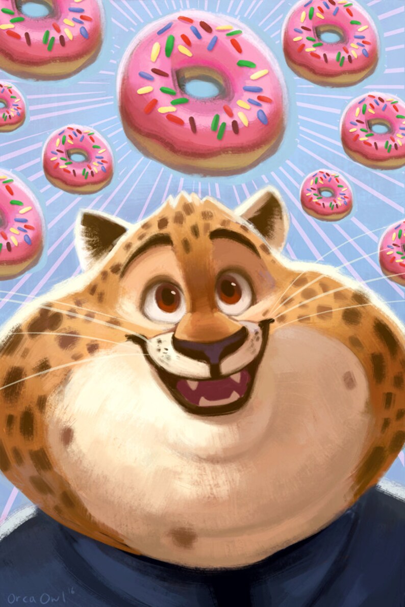 Puede incluir: Un guepardo de dibujos animados con una barriga grande y redonda sonr&iacute;e a la c&aacute;mara. El guepardo est&aacute; rodeado de donuts rosas con chispas de colores.