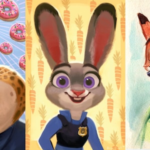 Puede incluir: Un collage de tres personajes de dibujos animados de animales. El primer personaje es un gran jaguar marr&oacute;n y amarillo con una amplia sonrisa. El segundo personaje es un conejo gris con grandes ojos morados que lleva un uniforme de polic&iacute;a azul. El tercer personaje es un zorro rojo con ojos verdes que lleva una camisa verde con una corbata azul.