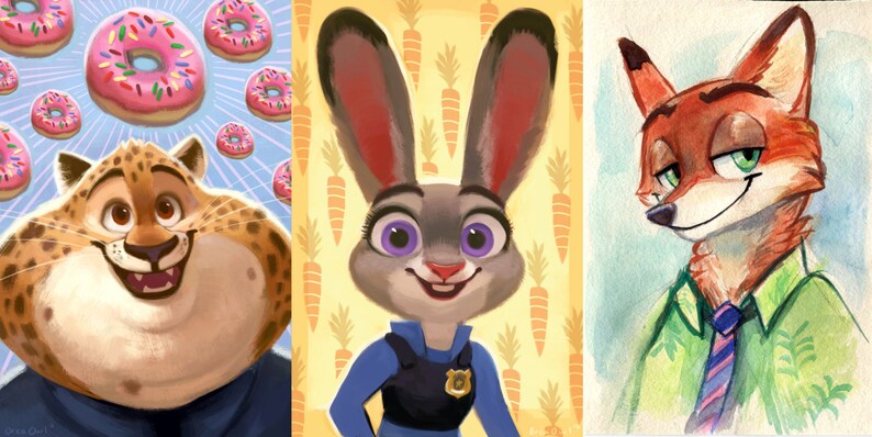 Puede incluir: Un collage de tres personajes de dibujos animados de animales. El primer personaje es un gran jaguar marr&oacute;n y amarillo con una amplia sonrisa. El segundo personaje es un conejo gris con grandes ojos morados que lleva un uniforme de polic&iacute;a azul. El tercer personaje es un zorro rojo con ojos verdes que lleva una camisa verde con una corbata azul.