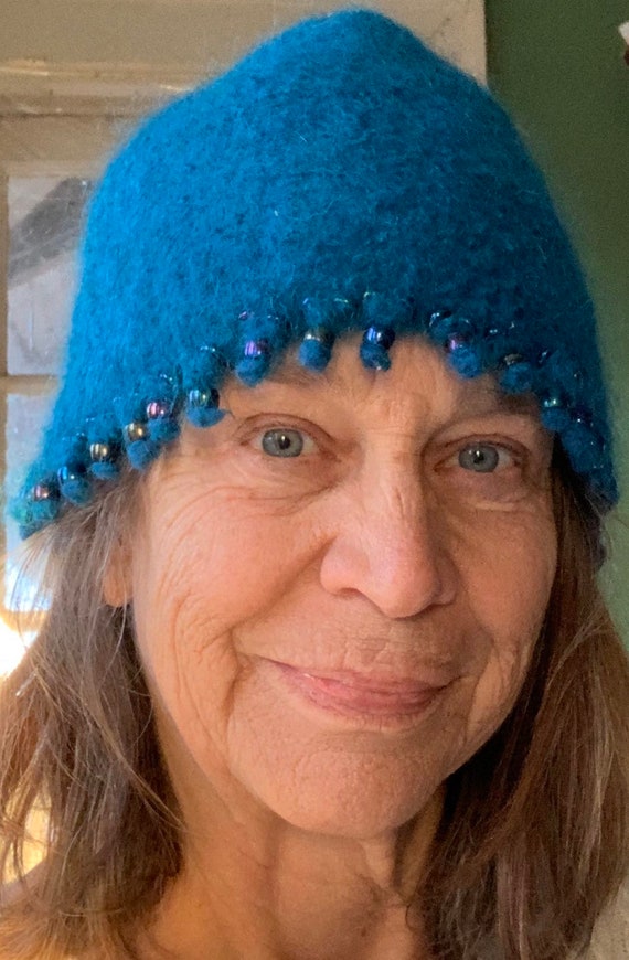 Hand Made Turquoise Felted Wool with Beads Cap