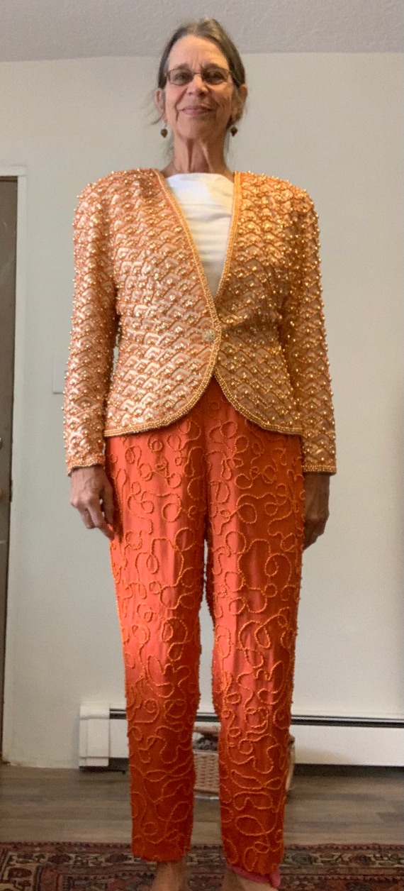 Womens 80s Orange and Gold Beaded Pant Suit Jacket and Slacks Size 12 