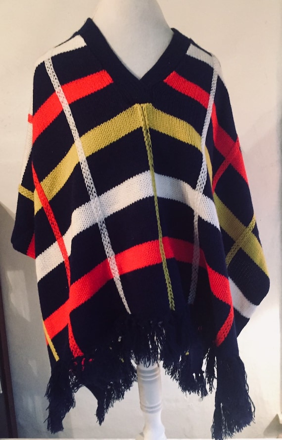 Vintage 1960s Womens Acrylic Striped Red Navy Blue