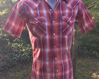 Mens Red and Orange Plaid Short Sleeve Ely Cattleman Western Shirt Size S