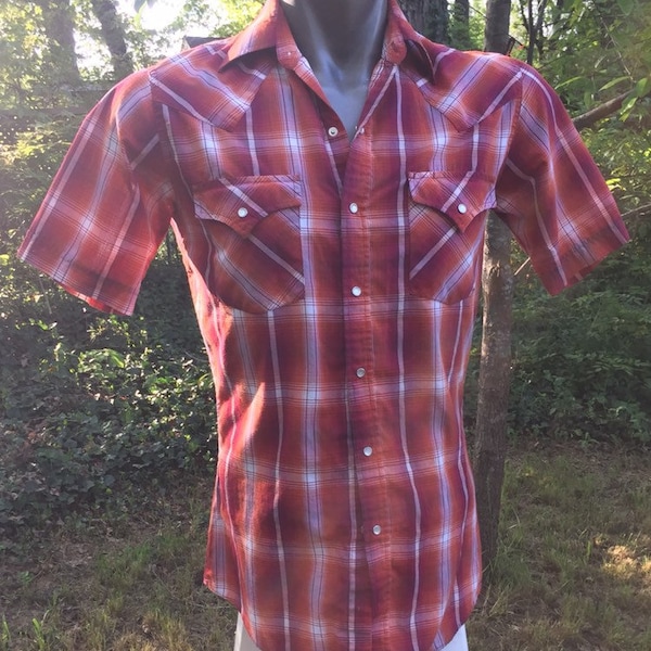 Mens Red and Orange Plaid Short Sleeve Ely Cattleman Western Shirt Size S