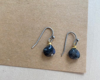 tiny faceted blue labradorite gemstone drop earrings in gold.