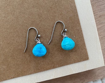 tiny faceted turquoise drop earrings in silver.