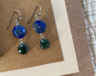 lapis lazuli and mossy quartz duality drop earrings.