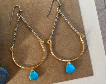 turquoise half moon gemstone drop earrings in gold.