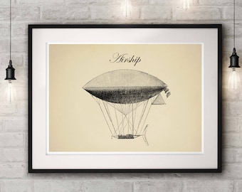 Steampunk Airship, Dirigible Airship, Industrial Print, Wall Art Poster, Airship Decor Antique Print, Air balloon Decor, Blueprint