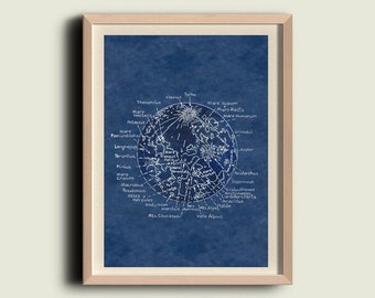 Map of the Moon  Lunar Surface Astronomy Print  Recovered Vintage Image to Frame