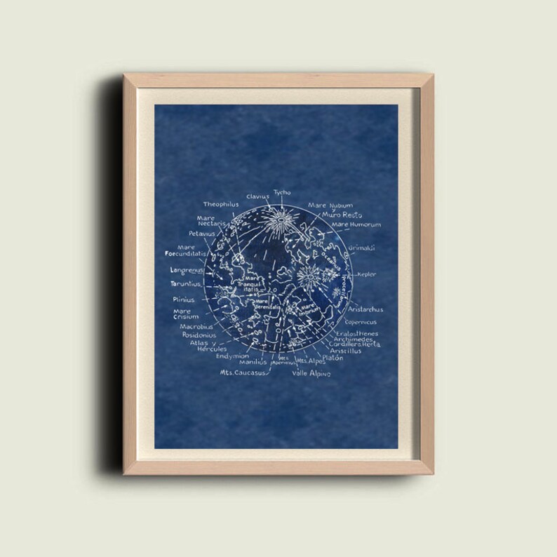 Map of the Moon Lunar Surface Astronomy Print Recovered Vintage Image to Frame image 1