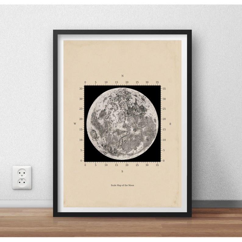 Scale Map of the moon Astronomy Print Recovered Vintage Image to Frame image 1