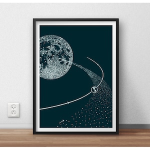 Moon and Earth Poster Print Wall Art Teal