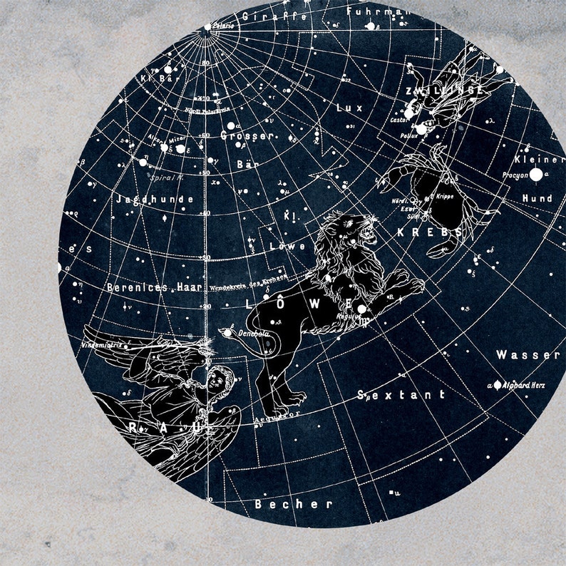 Vintage Inspired Astronomy Print Poster, Constellations,Stars Map, Zodiac, Gemini, Cancer, Leo, Virgo image 2