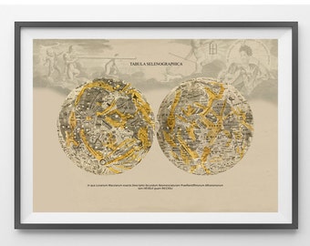 Astronomy Print  Poster Lunar maps Atlas Coelestis  Tabula Selenographica  Vintage Image to Frame