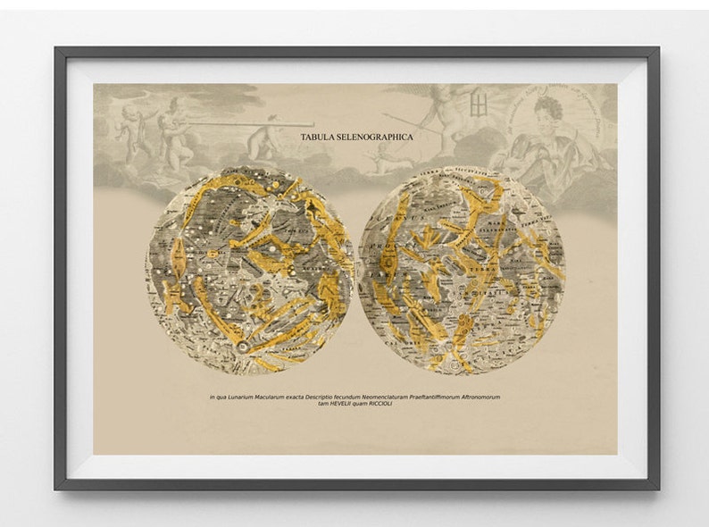 Astronomy Print Poster Lunar maps Atlas Coelestis Tabula Selenographica Vintage Image to Frame image 1