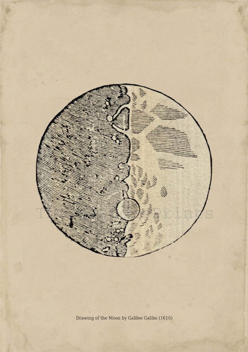 Cartel de impresión astronómica / Dibujo de la luna por Galileo Galilei / Imagen vintage recuperada para enmarcar image 4