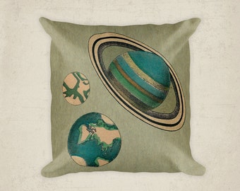 Planet Pillow Cover, Astronomy  Solar System Pillow, Planets Saturn Mars Earth Decorative Pillow, Vintage Image Home Decor