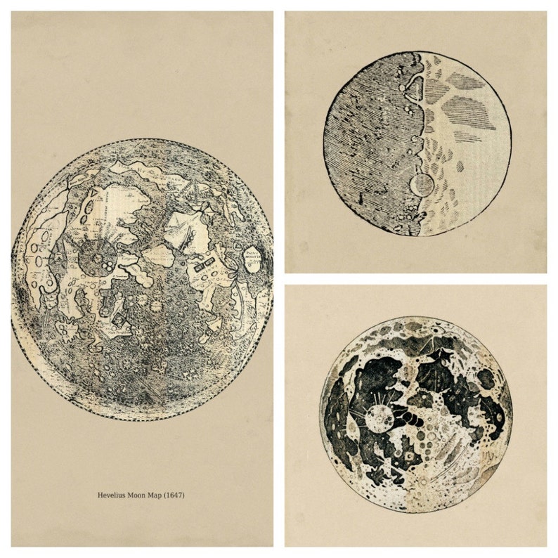 SET of Drawings of the Moon Astronomy Print Vintage Image