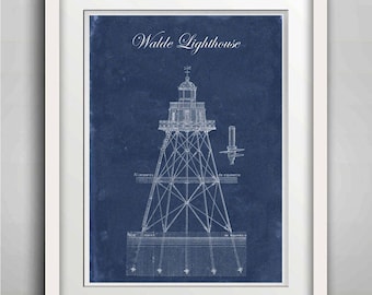 Walde Lighthouse, Architectural drawing, Rustic Vintage Print Poster, Beach House Decor, Wall Decor, Lighthouse Decor, Seaside Decor