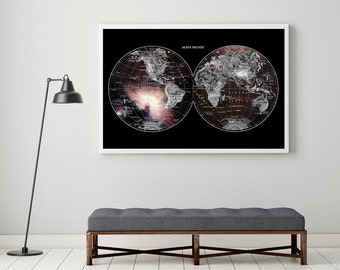 World Map and Stars in the Sky ,  Giclee Fine Art Print,   Wall Art, Home Decor, Art Cosmos Galaxy