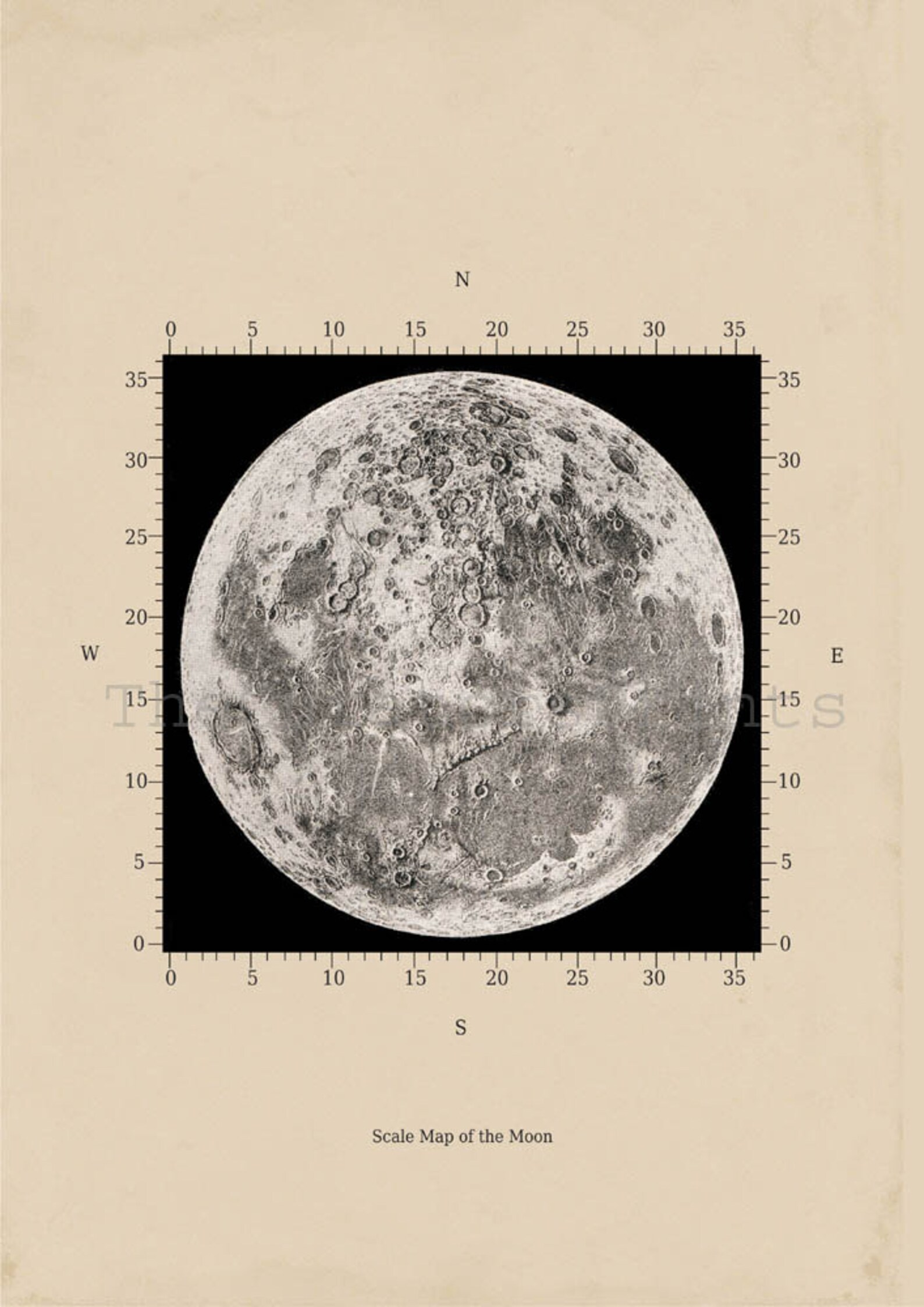 Scale Map of the Moon Astronomy Print Recovered Vintage Image to Frame