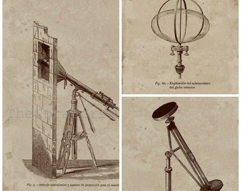 Decor Set of 3 Prints, Decor Astronomical Instruments Prints, Vintage Image, Techical Drawing Art, Wall Decor Set.