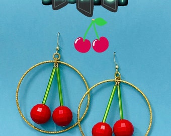 Red Cherry Pinup large Hoops Rockabilly Earrings Retro 1950s Cherry Fruit Salad Vintage Jewelry Kawaii Cute Earrings Food Fruit Jewelry