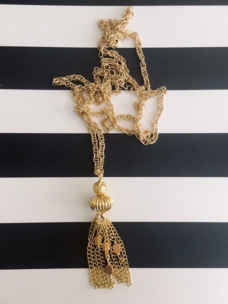 Gold Necklace Clear Quartz Stone Pendant Tassels Bohemian Style Inspired