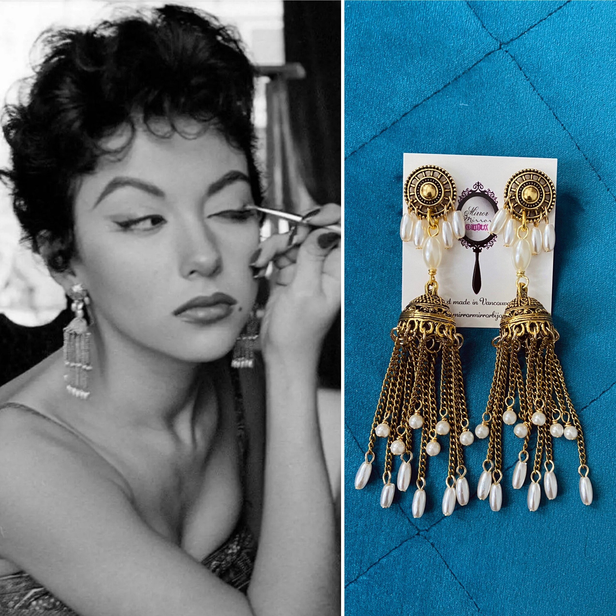 Vintage 1960s style earrings Rita Moreno Jewelry Mid Century gold pearl tassel earrings Vintage jewelry Bohemian Chic 60s earrings