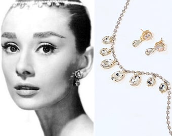 Old Hollywood Glamour Audrey Hepburn Hair Jewelry Necklace Set Funny Face 1950s vintage Jewelry vintage earrings Lily Collins Emily in Paris