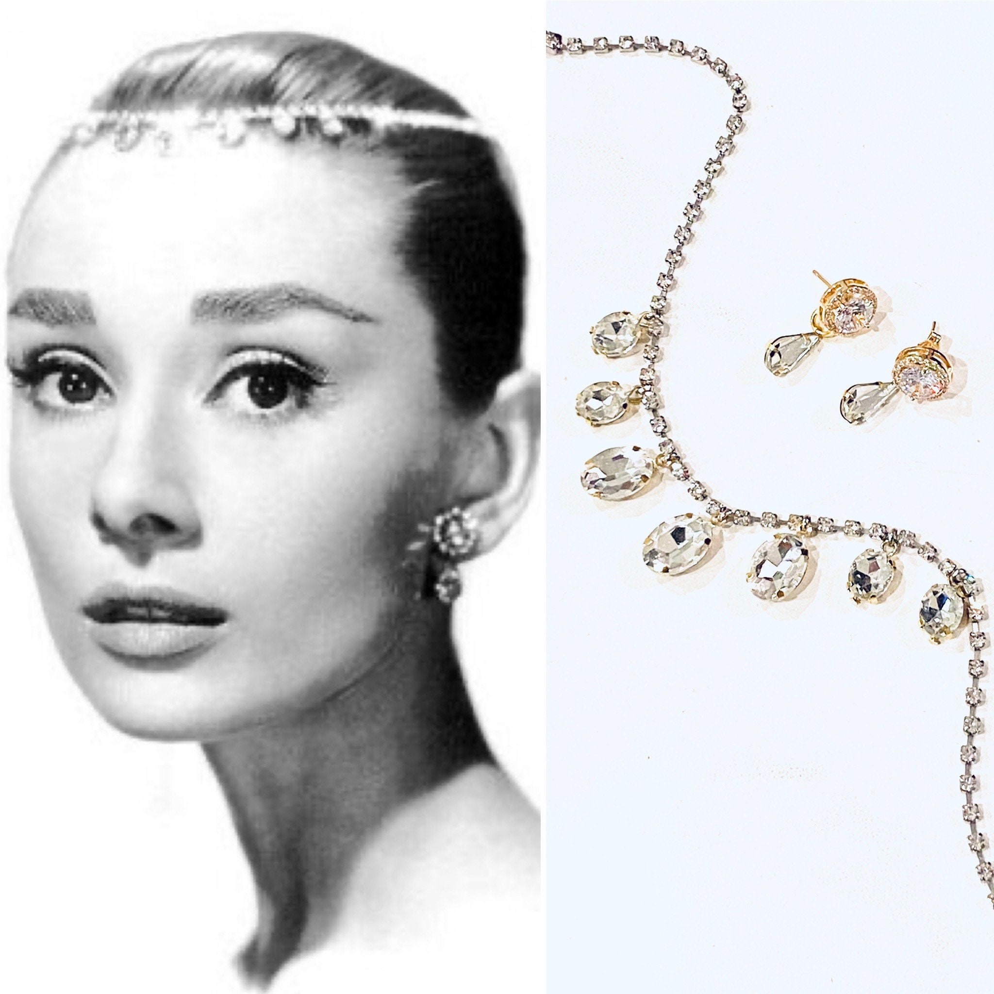 Icon Audrey St Flower Necklace Clip On Earring Crystal Pearl Layer Wedding Prom