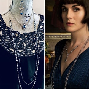 Downton Abbey 1920s Art Deco necklace with Blue crystal Lady Mary Necklace Flapper long beaded necklace Gothic Jewelry Miss Fisher Necklace