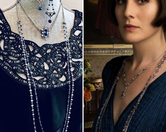 Downton Abbey 1920s Art Deco necklace with Blue crystal Lady Mary Necklace Flapper long beaded necklace Gothic Jewelry Miss Fisher Necklace