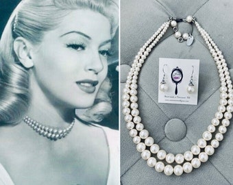 1950s graduated double strand white pearl necklace Old Hollywood Vintage jewelry 1940s 1950s Mad Men Mrs Maisel Vintage Pearls