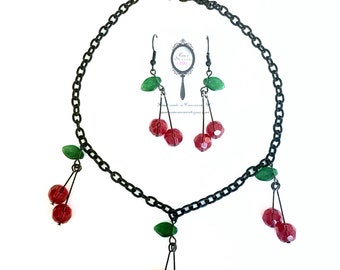 Cherry Necklace on Black Chain Mid Century Modern Vintage 1950s Jewelry Rockabilly Pinup Fruit Necklace Set Red Vintage Earrings