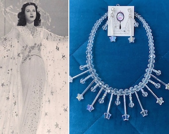 Art Deco Starburst constellation necklace clear  crystal Hedy Lamarr Ziegfeld Girl costume 1940s crystal star New Year's Eve necklace set
