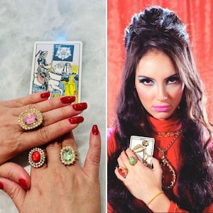 The Love Witch Duo or Trio of adjustable retro inspired 1960s cocktail rings 1960s style kitschy vintage jewelry witchy woman jewelry