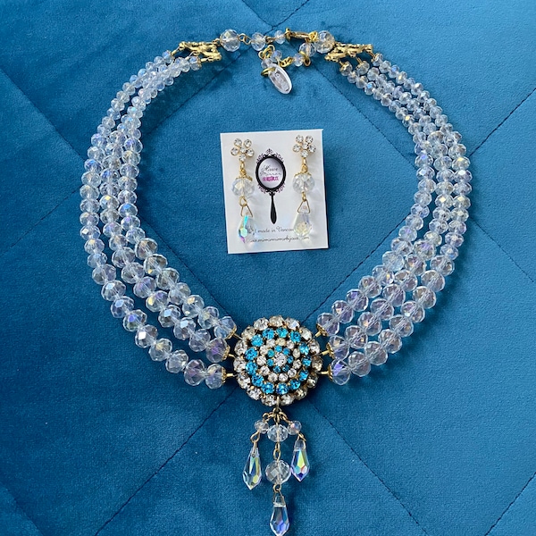 Bijoux Queen Charlotte Regency Collier en cristal Bridgerton avec topaze bleue et ensemble de colliers Bijoux vintage en cristal Bijoux Regency Boucles d'oreilles vintage