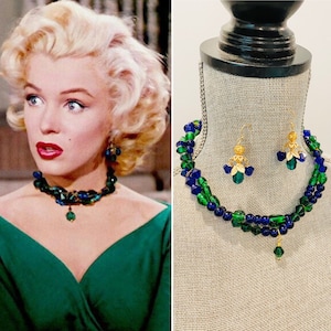 Marilyn Monroe 1950s style necklace and earrings set Vintage Jewelry Reproduction Pinup Gentlemen Prefer Blondes Green and Blue