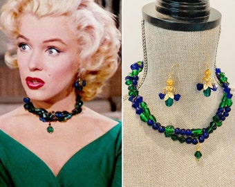 Marilyn Monroe 1950s style necklace and earrings set Vintage Jewelry Reproduction Pinup Gentlemen Prefer Blondes Green and Blue