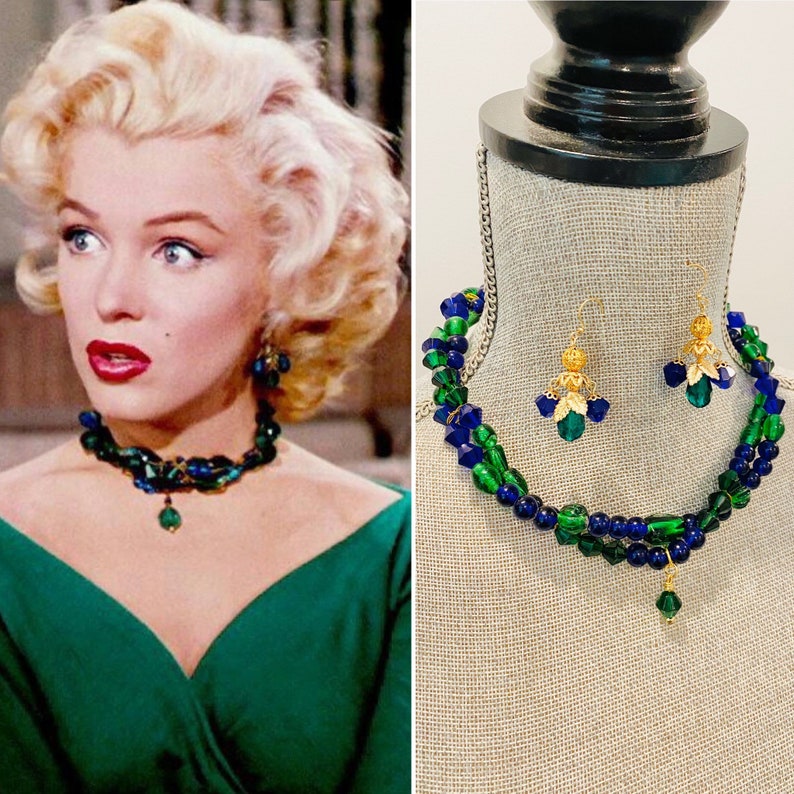 Marilyn Monroe 1950s style necklace and earrings set Vintage Jewelry Reproduction Pinup Gentlemen Prefer Blondes Green and Blue image 1